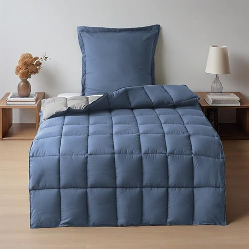 HIG 2 pezzi Piumino 140 x 200 cm per letto singolo – 200 GSM in morbida microfibra reversibile con 1 federa 65 x 65 cm – Certificato Oeko-TEX trapuntato per le 4 stagioni (blu grigio)