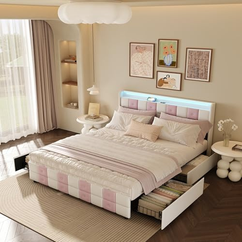 JYNVO Säng 160 x 200 cm, klädselsäng med 4 lådor och LED-ljuslist, förvaringssäng med USB-laddningsport, vit/rosa sammetssäng, dubbelsäng, sängram, utan madrass