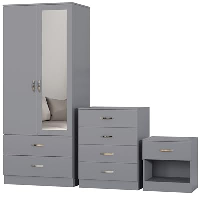 Nera Bedroom Furniture Set 3 Piece Set Wardrobe with Drawers Chest of Drawer Bedside Table Bedroom Storage (With Mirror Matt Grey)