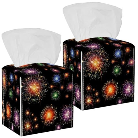 Lot de 2 boîtes à mouchoirs carrées en cuir - Motif feu d'artifice coloré - Distributeur de papier pour le visage - Pour coiffeuse, réservoir de toilettes, commode, table de nuit, comptoir, bureau