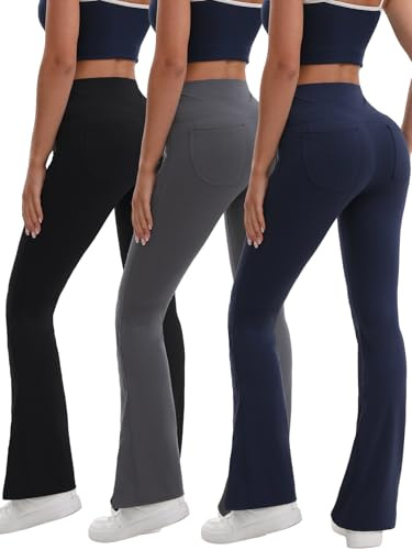 XIGEOU 3 Pack Flared Yoga Pants for Women - High Waisted Bootcut Flared Leggings with Pockets Soft Stretch Bootleg Leggings Workout Gym Casual Wear