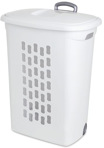Sterilite 3-Pack Ultra Wheeled Hamper, Laundry Basket w/ Flip-Top Lid & Retractable Handle - Plastic Rolling Clothes Storage Cart with Ventilated Holes for Home, Apartment or Dorm
