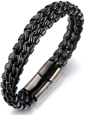 HALUKAKAH ● Solo ● Men's Genuine Leather Titanium Bracelet Gun Black 8.46(21.5cm) with Free Giftbox