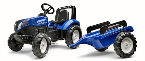 Falk Tracteur à pédales New Holland avec remorque-Dès 3 ans-Fabriqué en France-Volant directionnel avec klaxon-Siège ajustable-3090B, 3090B, Bleu