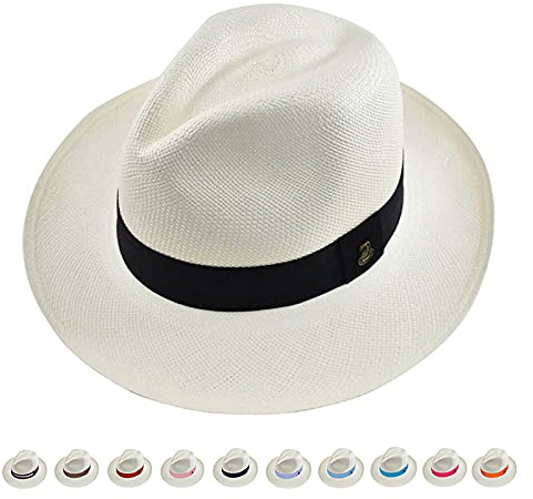 Genuine Panama Hat - Classic Summer Fedora - Black Band - Toquilla Straw - Handwoven in Ecuador (White, XXL)