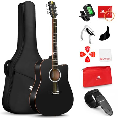 Vangoa 41 Acoustic Guitar Bundle for Adults Beginners Teens Dreadnought Full Size Cutaway Guitarra Acústica Kit with Wooden Bindings, Gig Bag, Tuner, Steel Strings, Capo, Strap, Black