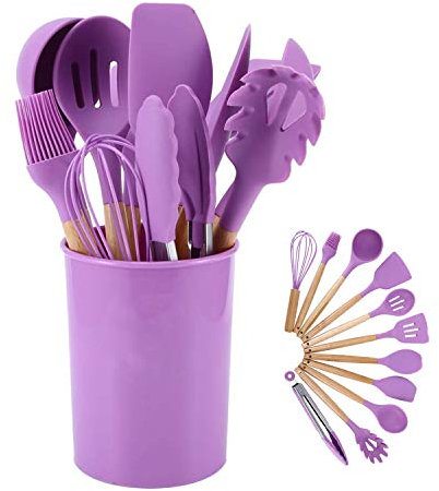 Utensili da cucina in silicone Set di utensili da cucina - 446 ° F Manici in legno resistenti al calore Utensili da cucina grigi Set di strumenti per pentole antiaderenti (Viola-12pcs)