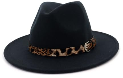 Sombreros fedora Panamá para mujer de fieltro de ala ancha, con hebilla de cinturón de leopardo