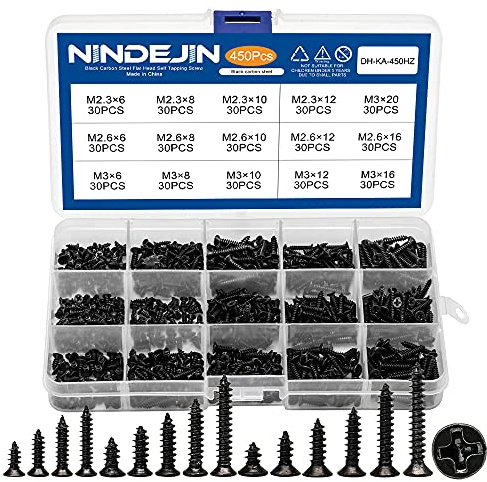 NINDEJIN 450PCS Miniature Phillips Flat Head Tapping Screws, M2.3 M2.6 M3 Countersunk Repair Screws Assortment Set, Black Self-Tapping Electronic Screw for Computer PC Pan Motherboard Glasses Watches