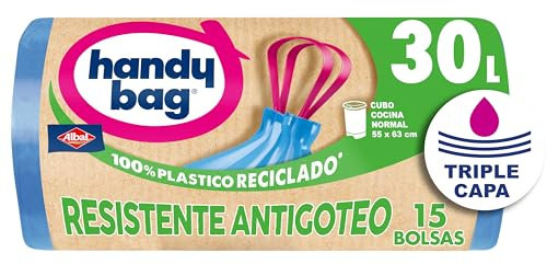 Handy Bag Bolsas de basura Resistentes Antigoteo - Bolsas para cubo de basura de cocina con cinta de autocierre y triple capa, resistentes y antigoteo, 100% plástico reciclado, 30L, 15 unidades