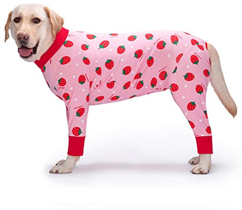 Yeapeeto Einteiler für Hunde, zur Erholung, für große und mittelgroße Hunde, Schlafanzug, Ganzkörper für Haarausfall, Allergien, Anti-Lecken, Wundschutz, Kegel-Alternative (3XL, Erdbeere)