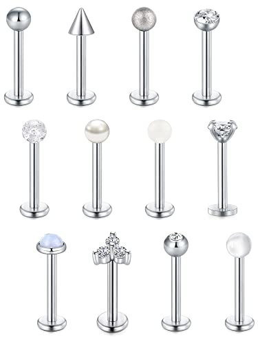 vcmart 12stk Lippenpiercing Labret Steckers 10mm Silber Tragus Helix Knorpel Monroe Medusa Piercing Stecker 1,2mm