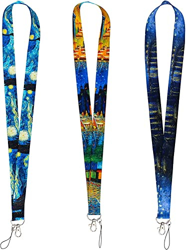 Juanooo Lot de 3 cordons de clé cool Van Gogh Nuit étoilée pour porte-cartes, porte-clés, portefeuille, esthétique, tour de cou pour femmes, hommes, enseignants