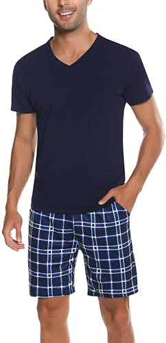 Bresdk Schlafanzug Herren Pyjama Set Kurz Baumwolle Sommer Nachtwäsche Dunkelblau XL
