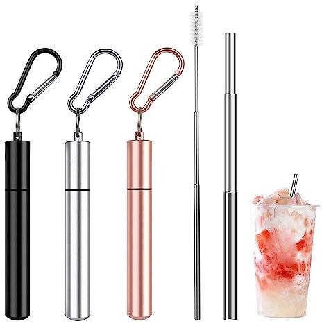 3 Set Edelstahl Strohhalme Wiederverwendbar Teleskop Strohhalme,Tragbare Metall Trinkhalme mit Faltbare Reinigungsbürste Metallbox, Teleskop Trinkhalme für Reisen Familie Arbeit (10-22.5cm)