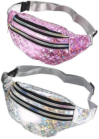2 STK Bauchtasche Damen Glitzer, Gürteltasche Metallic, wasserdichte Hüfttasche, Guerteltasche Verstellbarer, für Mädchen Frauen Männer Kinder Party Festival Sport Outdoor Reisen - Rosa, Silber