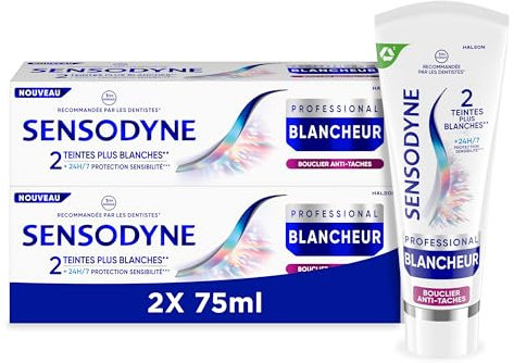 Sensodyne Professional Blancheur, Dentifrice blanchissant cliniquement prouvé pour les dents sensibles visiblement plus blanches, Bouclier Anti-tâches Menthe, Pack de 2 x 75 ml