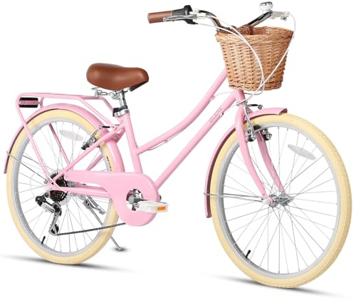 Glerc Missy 24 inch Girl Cruiser Kids Bike 6-Speed Teen Hybrid City Bicycle Lightweight with Rack for Youth Ages 7 8 9 10 11 12 13 14 Years Old Wicker Basket, Pink