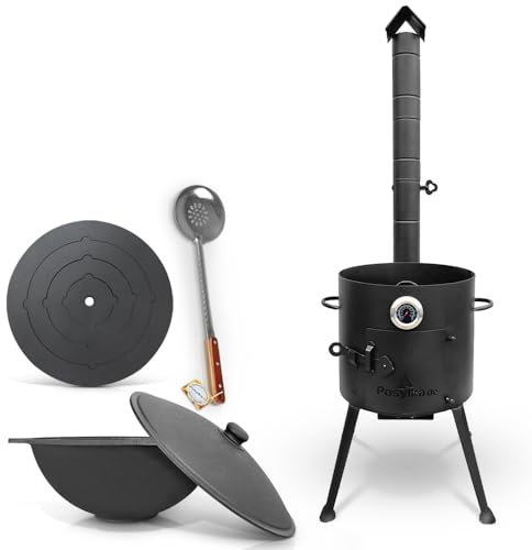 08602377 - Hornillo de fuego con termómetro y placa de cocina (4 anillas, 40 cm, hierro fundido, base plana con tapa, diámetro de 36,7 cm, 10 L)