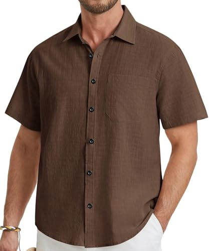 HISDERN Camisa Lino Hombre Manga Corta Casual Verano Color Sólido Camisas Elegante Algodón Camisa con Bolsillo con Botónes Shirt Regular Fit
