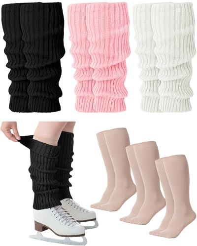 Chuarry 6 Pairs Skating Leg Warmer Sets for Women Girls Knit Long Leg Warmers Socks Calf Socks Set for Ice Figure Skating, Black White Pink Nude, One Size
