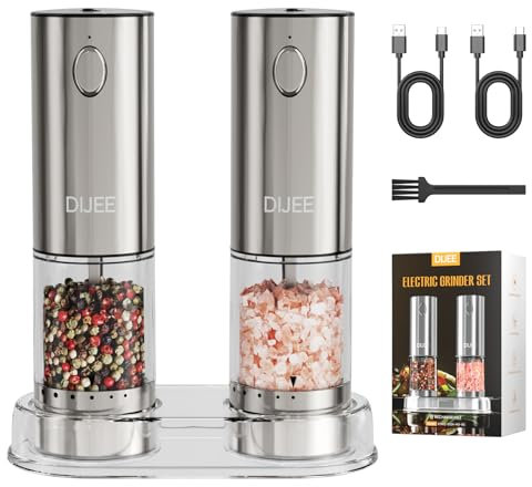 Electric Salt and Pepper Grinder Set,USB Rechargeable Pepper Mill with 6 Coarseness Settings, Automatic One-Touch Operation, Large Capacity Stainless Steel Spice Mills for Kitchen (2 Pack, Silver)