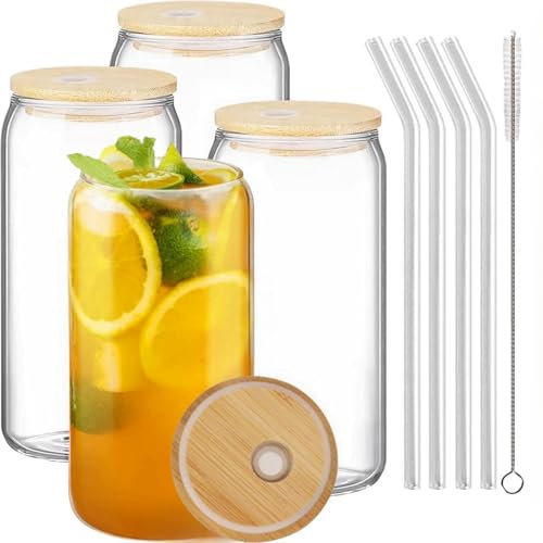 Zykphao 500ml Can Shaped Glass Cups Set, Drinking Glasses with Bamboo Lids and Glass Straw, Beer Glasses, Iced Coffee Glasses, Clear Cute Tumbler Cup, Ideal for Cocktail, Coke, Soda(4pcs)