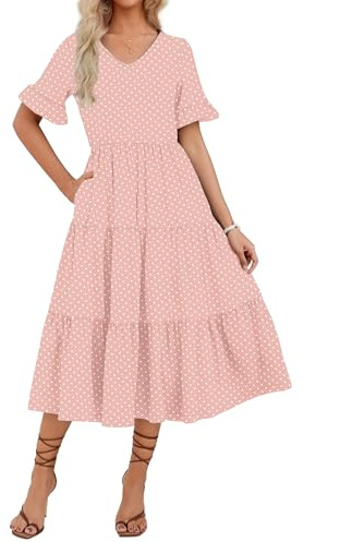 Zeagoo Vestidos de verano para mujer, vestido casual escalonado con estampado floral, cuello en V, manga corta, con volantes, vestido de playa con bolsillos