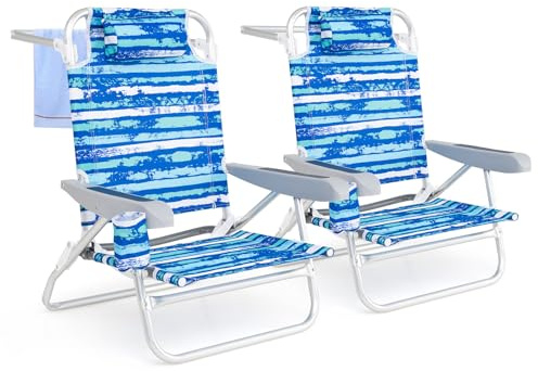 COSTWAY Silla Playa Plegable, Tumbona Playa con 5 Posiciones, Portavasos, Bolsillos de Almacenamiento, Correas de Hombro, Soporte para Toallas,Silla Reclinable Baja 150kg (Marina de Guerra,2)