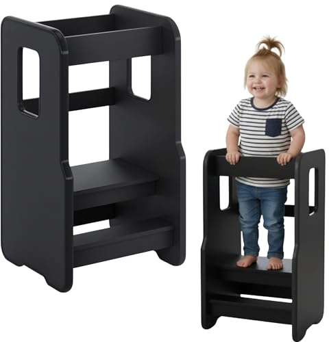 ComfortCove Lernturm ab 1 Jahr, Sicherer & Stabil Tritthocker Kinder, 3-stufig höhenverstellbarer Lernturm für Kinder, Montessori Learning Tower für Kleinkinder, Kinderstuhl Holz, Schwarz