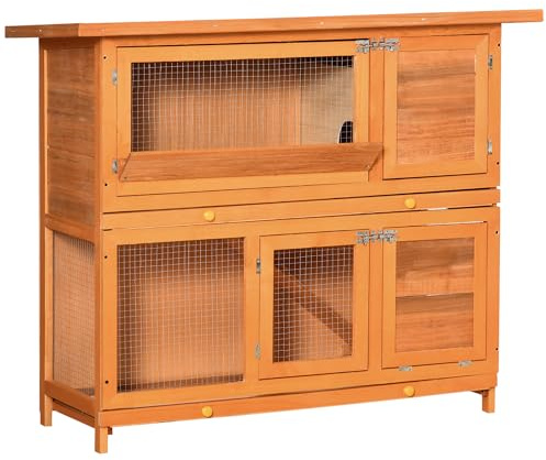 PawHut Conigliera da Esterno in Legno con Rampa e Casetta a 2 Piani, Casetta Gabbia per Conigli e Porcellini d'India, Animali Piccoli, 122x48x100 cm