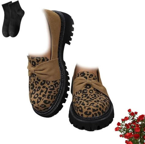 Mocassins à talon bloc en daim imprimé léopard à enfiler pour femmes, chaussures à bout rond, mocassins à talon épais, pour le bureau et les affaires, Marron 1, 38 EU