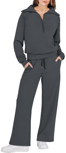 Lounge Wear Sets For Women Uk Tracksuit Full Set 2 Piece Comfort Long Sleeve Activewear Zip Sweatshirt Tops Trousers Drawstring Sweatpants Autumn Winter Clothing Outfits (Dark Gray,L)