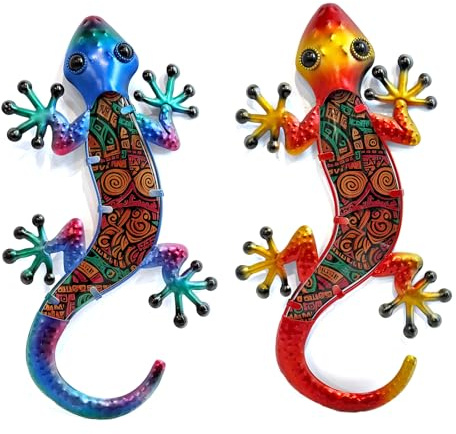 HONGLAND Lizard Wall Decor- 15 Inch Gecko Metal Wall Art Hanging Glass Sculpture, 2 Pack Yard Decorations Outdoor for Garden Fence Home