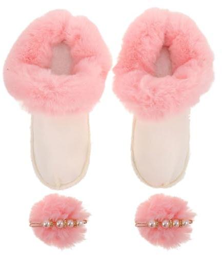 TEHAUX Forro Cálido de Felpa Extraíble para Zapatos de Mujer, Calcetín Interior sin Cordones, Plantilla Térmica Antiviento Rosa con Pompones, Talla 38-39, Adecuado para Invierno,