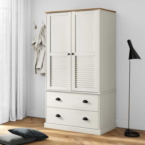 Drillkyn VIGO - Armadio bianco in legno di pino massiccio, 90 x 55 x 170 cm, con asta appendiabiti, cassetto, porta persiana per guardaroba e conservazione in corridoio, corridoio o spogliatoio