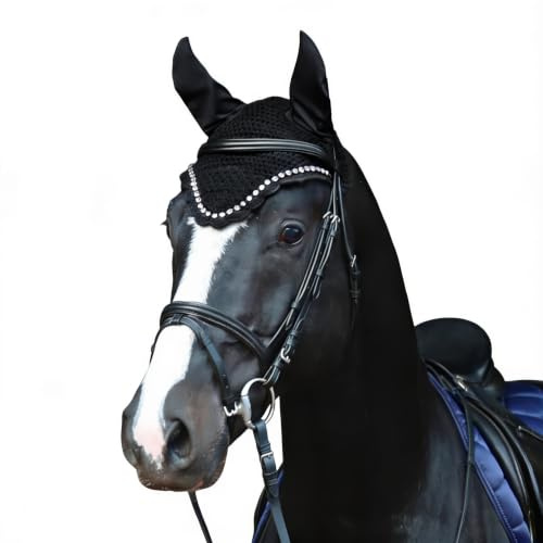 Bonnet anti-mouches pour cheval, élégant avec paillettes, protection contre les mouches, poney, Cob, Full, sang froid (noir, poney)