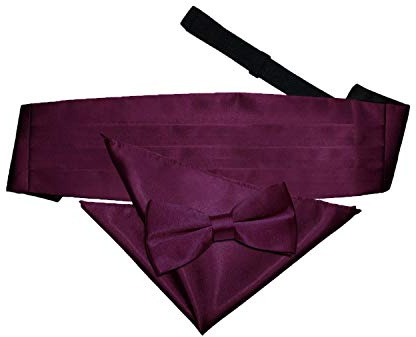 DQT Mens Plain Satin Bow Tie, Cummerbund & Pocket Square Set (3pc) - Pre-Tied Wedding Formal - Plum