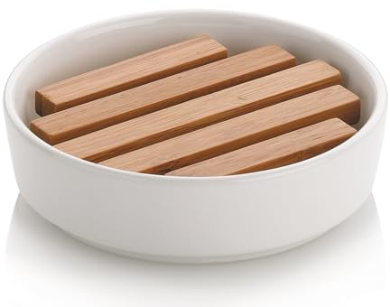 kela Seifenschale mit Ablauf Keramik 11,5 cm NATURA, herausnehmbares Seifenablagegitter aus Bambus, Seifenablage weiß