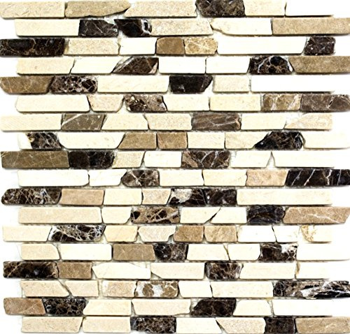 Mosaik tegelblandning castanao/biancone marmor natursten kök, mosaiksten format: 25–105 x 15 x 7 mm, bågstorlek: 305 x 305 mm, 10 ark