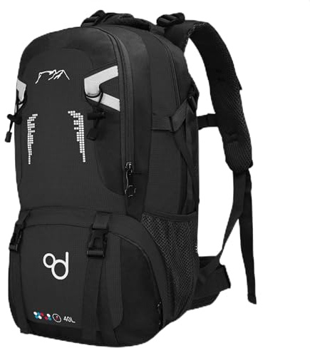 OcioDual Mochila Senderismo 40 Litros, Mochila Trekking, Montaña y Camino de Santiago, Multifuncional, Ligera, Mochilas Hombre para Camping, Acampada, Marcha Nórdica, Supervivencia, Negro