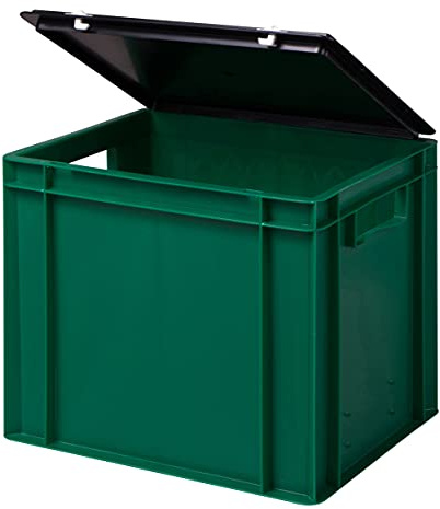 Stabil professionell förvaringslåda, stapellåda, eurolåda, stapellåda med lock, plastlåda, finns i 5 färger och 21 storlekar för industri, affärer, hushåll (grön, 40 x 30 x 33 cm)