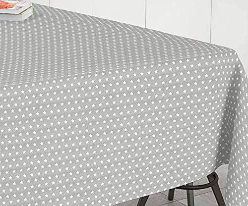 HuleHule Mantel de Tela resinada Ensor Dispone de un Estampado de Estrellas de Color Blanco sobre Fondo Gris. Libre de PCV, no Necesita Lavadora. Mantelería Anti-Manchas. (140_x_175_cm)
