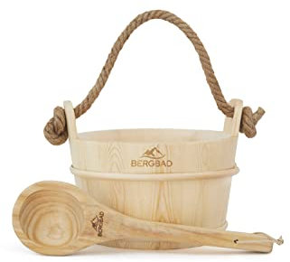 BERGBAD Seau de sauna avec louche de 3,5 l - Seau de sauna en bois naturel - Accessoire de sauna de qualité supérieure avec insert en plastique et corde de chanvre