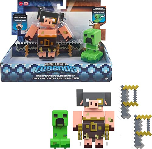 Mattel Minecraft Legends - Creeper contro Piglin, set da 2 personaggi con funzionalità di attacco e accessorio, action figures del videogioco alte più di 8 cm, giocattolo per bambini, 6+ anni, GYR99