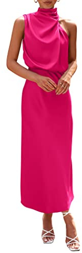 PRETTYGARDEN Women's 2025 Summer Satin Dress Elegant Sleeveless Mock Neck Cocktail Party Maxi Dresses (Rose Red,Medium)