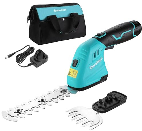 DURATECH 12V Cordless Hedge Trimmer, 2-in-1 Hedge Trimmer Cordless with 2Ah Battery Pack, Cordless Grass Trimmer with Charger and Bag, Handheld Hedge Trimmer for Gardening, Cutting, Trimming, Lawn