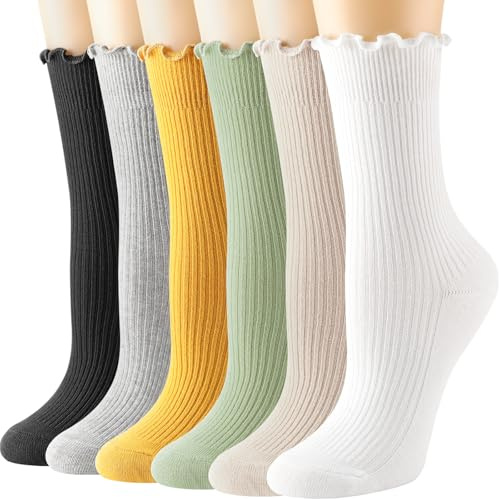 DRESHOW 6 Paia Calzini da Donna con Volant Calze Volant Signore Cotone Volant Calzini Traspiranti in Maglia di Lattuga Casual per Donna e Ragazze
