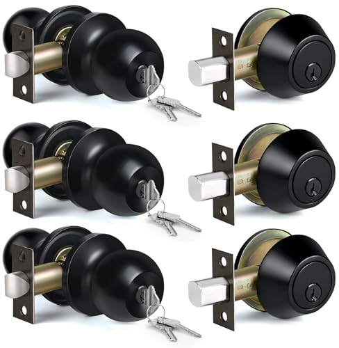 BESTTEN 3 Pack Keyed Alike Exterior Door Knobs and Single Cylinder Deadbolts Combo Set, Matte Black Exterior Door Lock Set for Entrance and Front Door