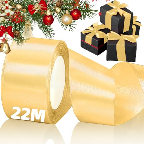 Nastro Oro Natalizio, Nastro di Raso Largo Dorato per Festa di Compleanno Matrimonio Natale, Nastri Natalizi Decorazioni per Confezioni Regalo Albero Artigianato Ghirlande Fiocchi Torta (5 cm x 22M)